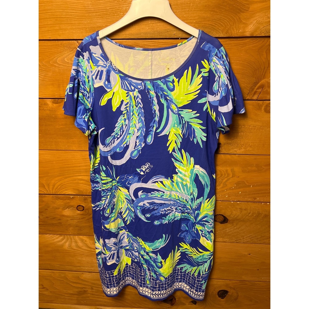 Lilly Pulitzer Royal Blue Tropical Print Pima Cotton Tunic Dress XL Mini Resort